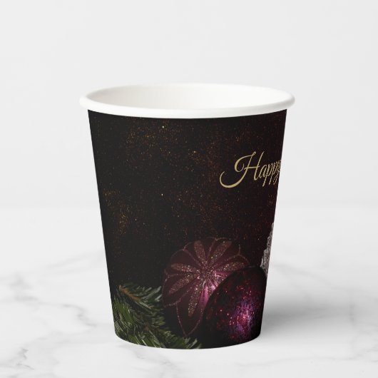 Christmas Party Pink Ornament Green Leaves Black Papieren Bekers (Voorkant)