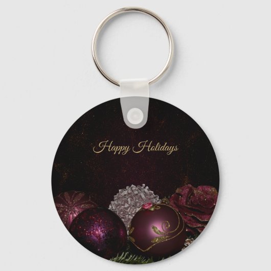 Christmas Party Pink Ornament Green Leaves Black Sleutelhanger (Voorkant)