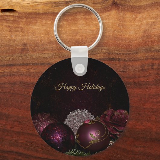 Christmas Party Pink Ornament Green Leaves Black Sleutelhanger (Voorkant)