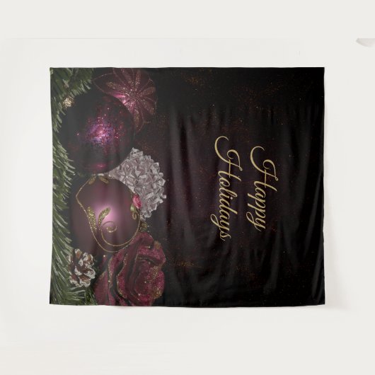 Christmas Party Pink Ornament Green Leaves Black Wandkleed (Voorkant (horizontaal))