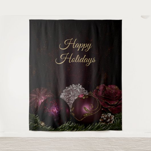 Christmas Party Pink Ornament Green Leaves Black Wandkleed (Voorkant)