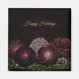 Christmas Party Pink Ornaments Green Leaves Black Magneet