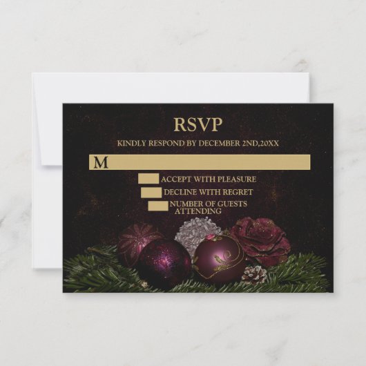 Christmas Party Pink Ornaments Green Leaves Black RSVP Kaartje (Voorkant)