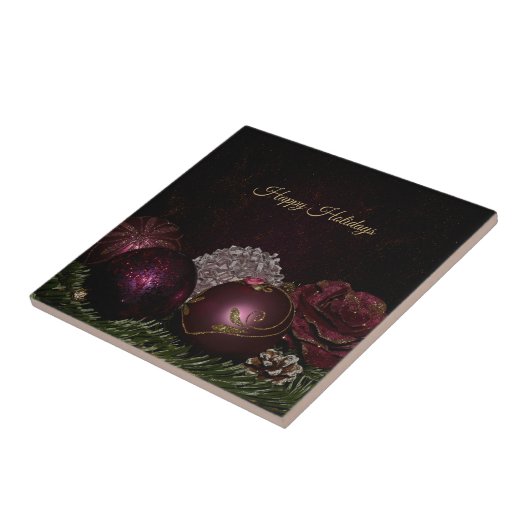 Christmas Party Pink Ornaments Green Leaves Black Tegeltje (Zijkant)