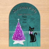 Christmas Party Pink Tree Black Cat Teal Room Acryl Uitnodigingen (Voorkant)