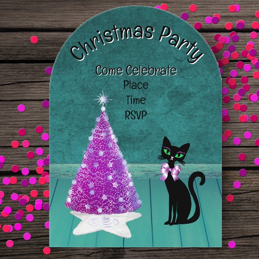 Christmas Party Pink Tree Black Cat Teal Room Acryl Uitnodigingen
