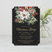 Christmas Party Poinsettia Holly Red Berries Black Kaart (Staand voorkant)