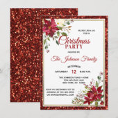 CHRISTMAS PARTY Red Glitter Floral Poinsettia Kaart (Voorkant / Achterkant)