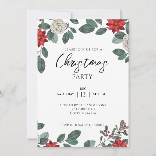 Christmas Party Red Green Floral Kaart (Voorkant)