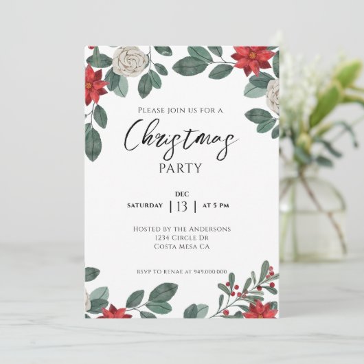 Christmas Party Red Green Floral Kaart (Staand voorkant)