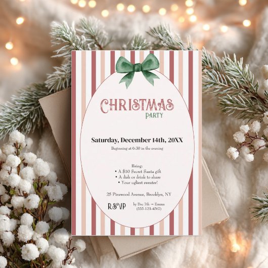 Christmas Party • Red Pink Striped Kaart