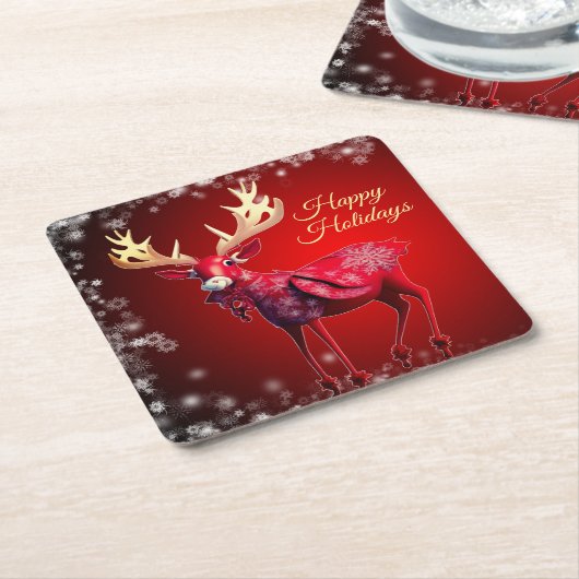 Christmas Party Red Reindeer White Snowflakes Kartonnen Onderzetters (Schuin)