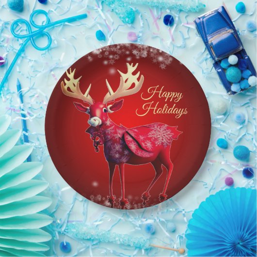 Christmas Party Red Reindeer Winter Holidays Papieren Bordje (Feest)