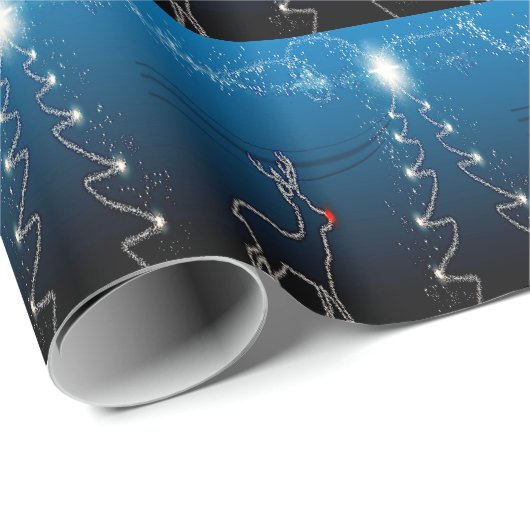 Christmas Party Reindeer Tree Blue Sky Shiny Stars Cadeaupapier (Rol Hoek)