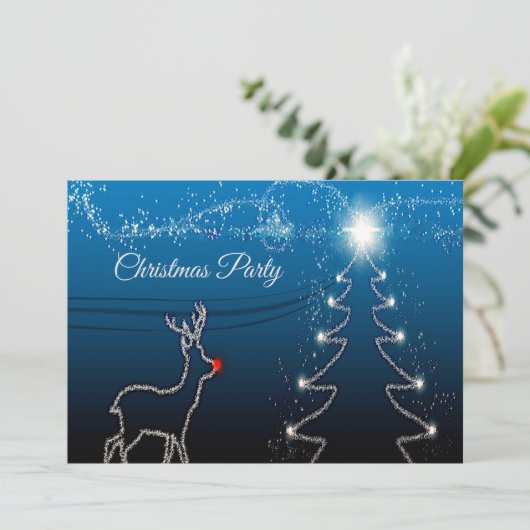 Christmas Party Reindeer Tree Blue Sky Shiny Stars Kaart (Staand voorkant)