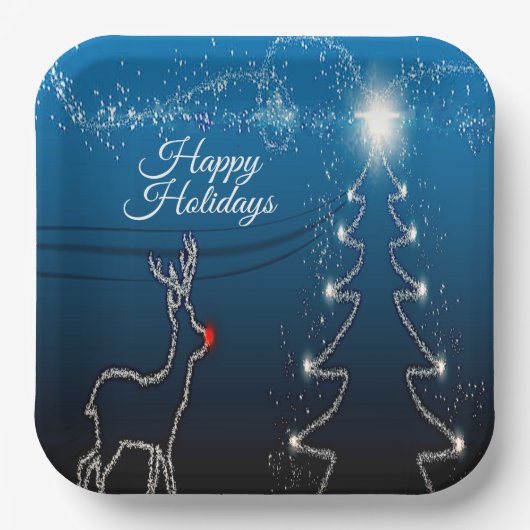 Christmas Party Reindeer Tree Blue Sky Shiny Stars Papieren Bordje (Voorkant)
