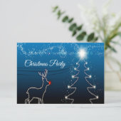 Christmas Party Reindeer Tree Blue Sky Shiny Stars RSVP Kaartje (Staand voorkant)