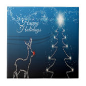Christmas Party Reindeer Tree Blue Sky Shiny Stars Tegeltje (Voorkant)