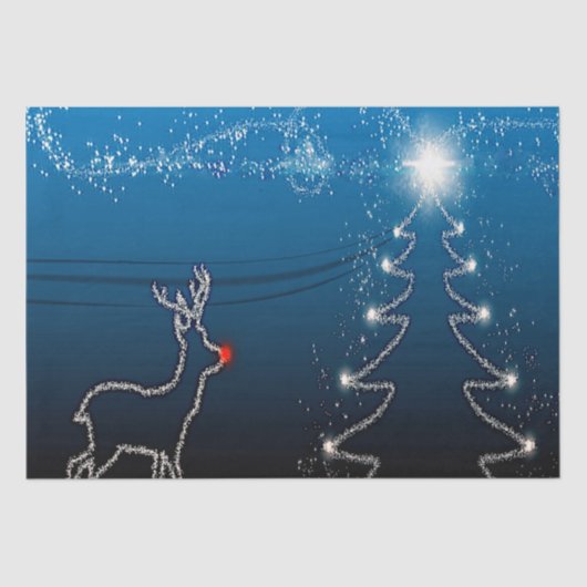 Christmas Party Reindeer Tree Blue Sky Shiny Stars Tissuepapier (Voorkant)