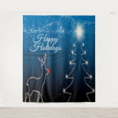 Christmas Party Reindeer Tree Blue Sky Shiny Stars Wandkleed (Voorkant)