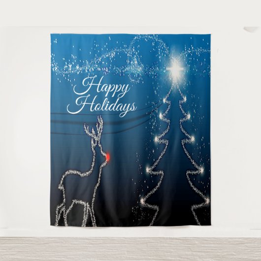 Christmas Party Reindeer Tree Blue Sky Shiny Stars Wandkleed (Voorkant)