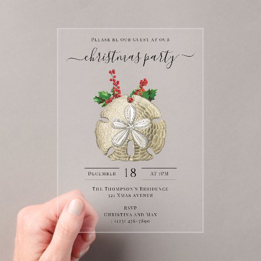 Christmas Party Sand Dollar Holly Berries Coastal Acryl Uitnodigingen (Insitu (Draagbaar))
