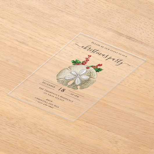 Christmas Party Sand Dollar Holly Berries Coastal  Acryl Uitnodigingen (Laagn)