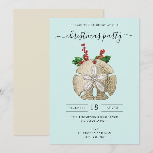 Christmas Party Sand Dollar Holly Berries Coastal  Kaart (Voorkant / Achterkant)