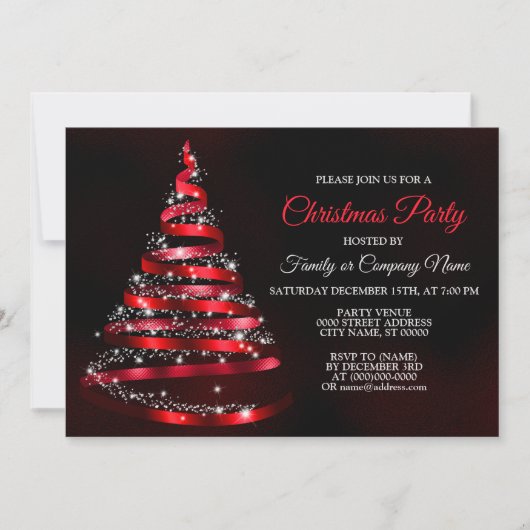 Christmas Party Shiny Red Ribbon Tree Sparkle Kaart (Voorkant)