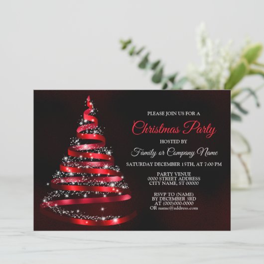 Christmas Party Shiny Red Ribbon Tree Sparkle Kaart (Staand voorkant)