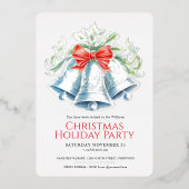 Christmas party silver bells red bow watercolor folie uitnodiging (Voorkant)