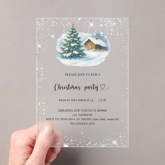 Christmas Party silver snow tree house frosted Acryl Uitnodigingen (Insitu (Draagbaar))