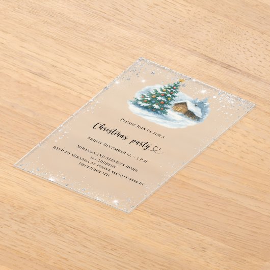 Christmas Party silver snow tree house frosted Acryl Uitnodigingen (Laagn)
