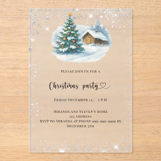 Christmas Party silver snow tree house frosted Acryl Uitnodigingen (Voorkant)