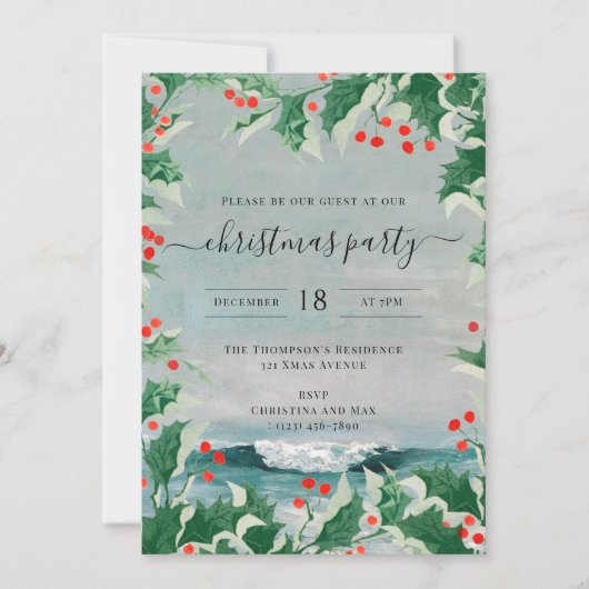Christmas Party Watercolor Beach Coastal Holly Kaart (Voorkant)
