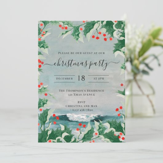 Christmas Party Watercolor Beach Coastal Holly Kaart (Staand voorkant)