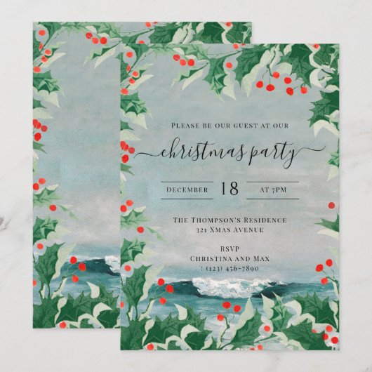 Christmas Party Watercolor Beach Coastal Holly Kaart (Voorkant / Achterkant)