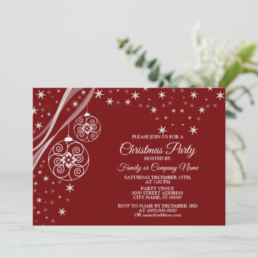 Christmas Party White Ornaments Stars Red Elegant Kaart (Staand voorkant)