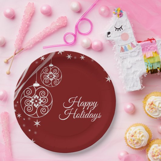 Christmas Party White Ornaments Stars Red Elegant Papieren Bordje (Feest)