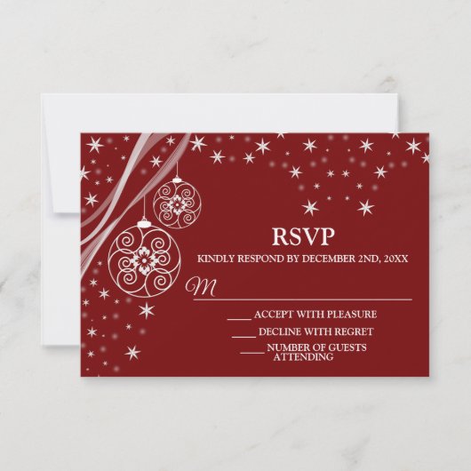 Christmas Party White Ornaments Stars Red Elegant RSVP Kaartje (Voorkant)