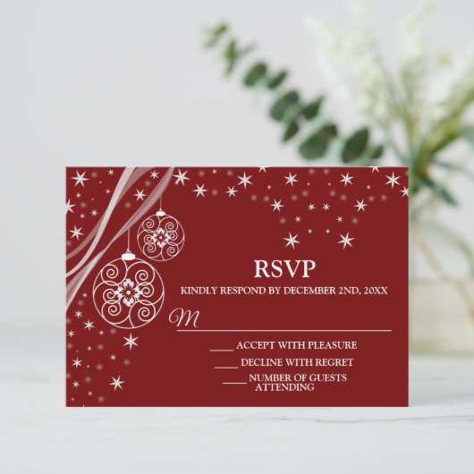 Christmas Party White Ornaments Stars Red Elegant RSVP Kaartje (Staand voorkant)