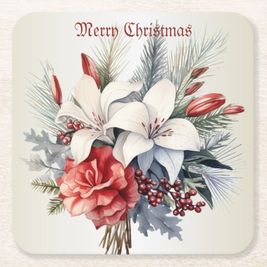 Christmas Party White Red Flowers Holidays Elegant Kartonnen Onderzetters (Voorkant)