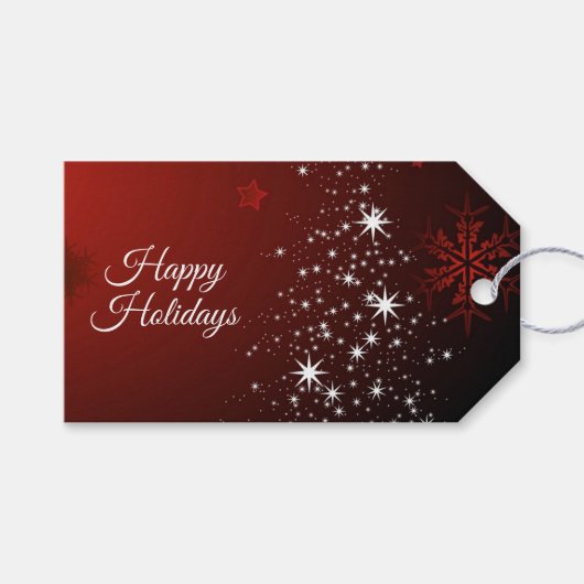 Christmas Party White Stars Tree Red Snowflakes Cadeaulabel (Voorkant (Horizontaal))
