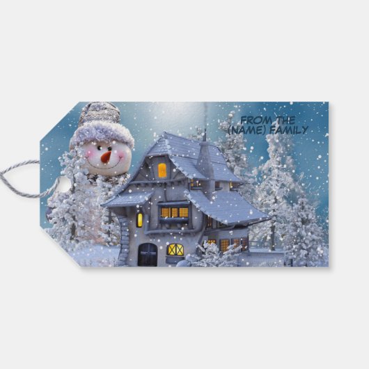 Christmas Party Winter White Snowman Blue Rustic Cadeaulabel (Achterkant Horizontaal)
