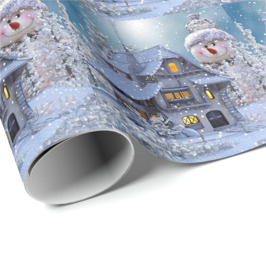 Christmas Party Winter White Snowman Blue Rustic Cadeaupapier (Rol Hoek)