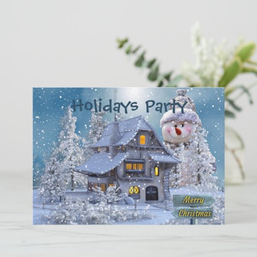Christmas Party Winter White Snowman Blue Rustic Kaart (Staand voorkant)