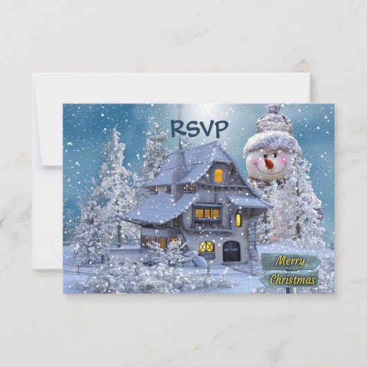 Christmas Party Winter White Snowman Blue Rustic RSVP Kaartje (Voorkant)