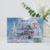 Christmas Party Winter White Snowman Blue Rustic RSVP Kaartje (Staand voorkant)