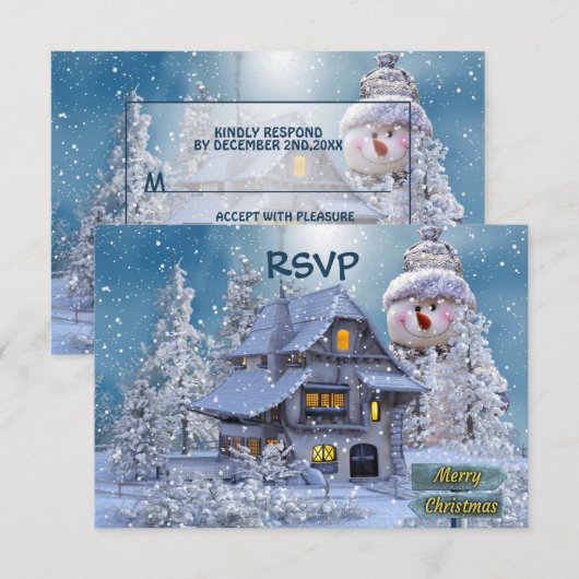 Christmas Party Winter White Snowman Blue Rustic RSVP Kaartje (Voorkant / Achterkant)