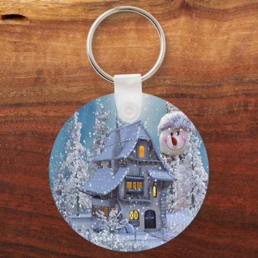 Christmas Party Winter White Snowman Blue Rustic Sleutelhanger (Voorkant)